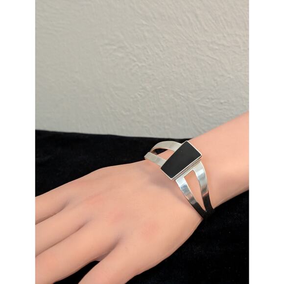 Taxco Mexico 925 Sterling Silver Black Onyx Modernist Split Band Cuff Bracelet - Picture 9 of 9